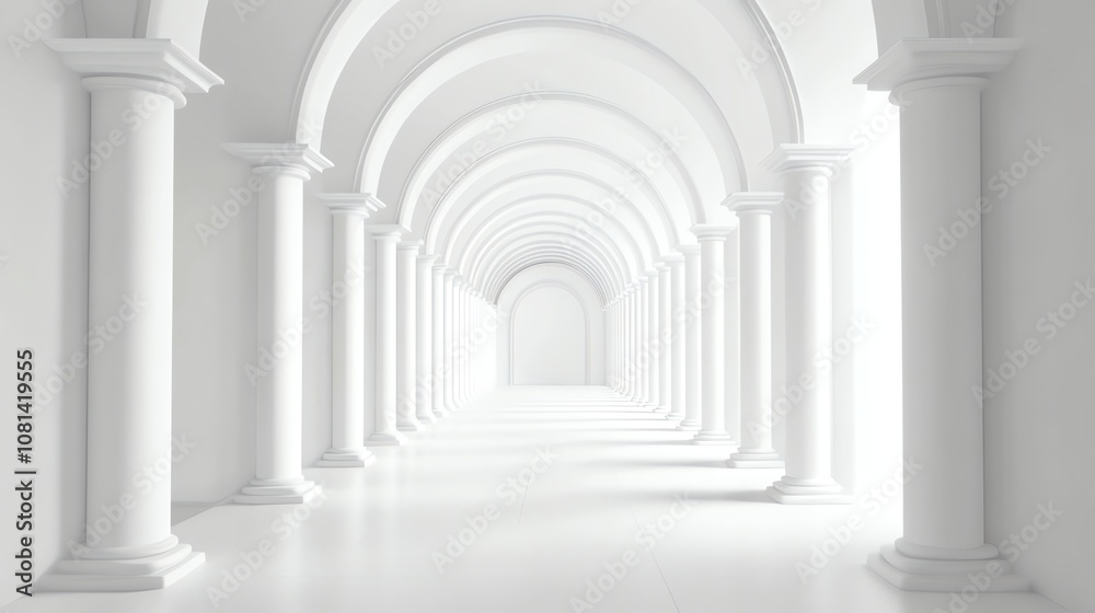 A long, white hallway with arched doorways, creating a sense of depth and perspective. A long, white hallway with arched doorways, creating a sense of depth and perspective.