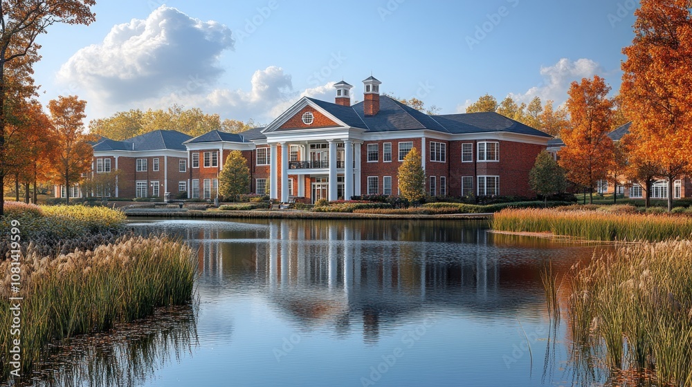 Serene lakeside view of a grand building surrounded by autumn foliage. Serene lakeside view of a grand building surrounded by autumn foliage.