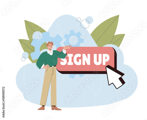 Man with sign up button. Young guy near red button. Design element for social networks and websites. Registration on site. Flat vector illustration isolated on white background
