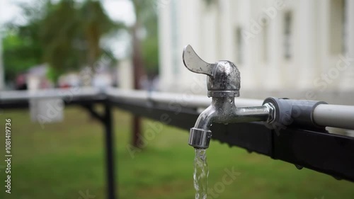 Close up of water flowing from the metal faucet. Water flows from the tap with blurred background