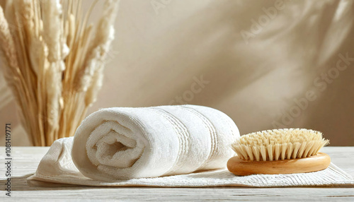 A white towel is rolled up on a table next to a wooden brush