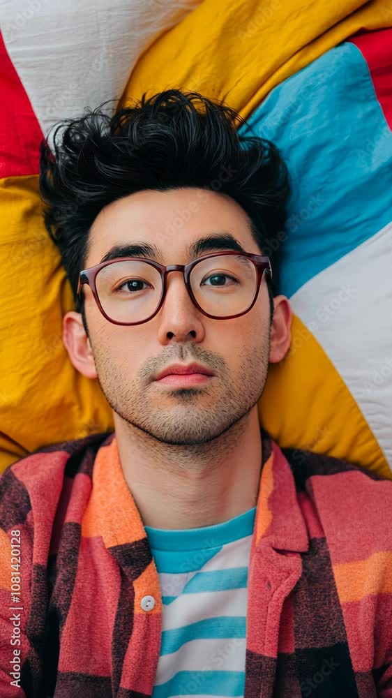 A man with dark hair and glasses is lying on a colorful blanket and looking directly at the camera