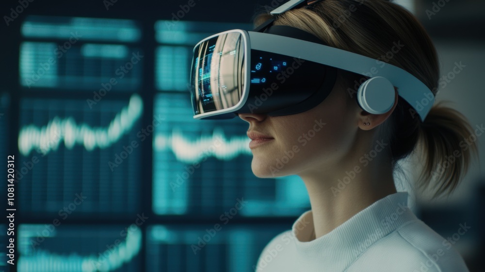 A woman wearing a virtual reality headset, immersed in a digital environment with graphical data visualizations in the background. A woman wearing a virtual reality headset, immersed in a digital environment with graphical data visualizations in the background.