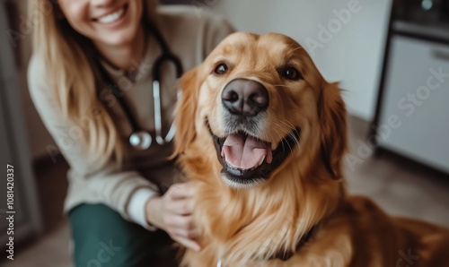 Wallpaper Mural Pet care, stethoscope and dog with veterinary girl in consultation office for growth, wellness and examination. Puppy, inspection and animal clinic for golden retriever assessment, help or checkup Torontodigital.ca