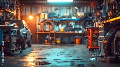 A messy garage with a toolbox and a car in the background