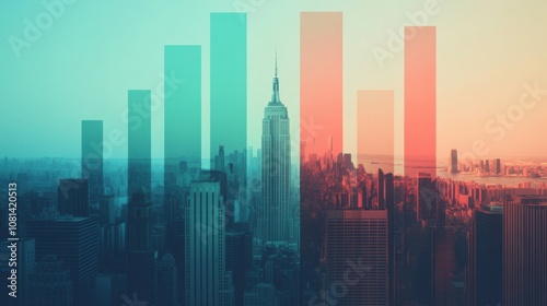 A stylized cityscape featuring skyscrapers in gradient colors, with vertical bars overlaying the scene, suggesting growth or data analysis trends.