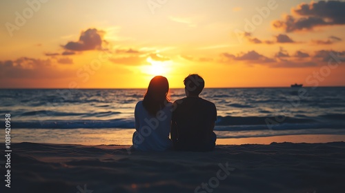 A silhouette of a couple sitting on a beach watching a sunset.