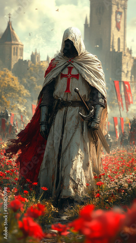 A solemn Templar Knight in white armor adorned with a red cross