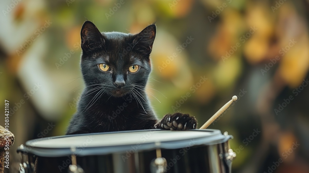 Image showcasing A beautiful black cat drumming with rhythm and grace, capturing the ...