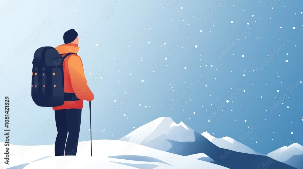 Traveler with backpack on snowy mountain peak
Traveler with backpack on snowy mountain peak