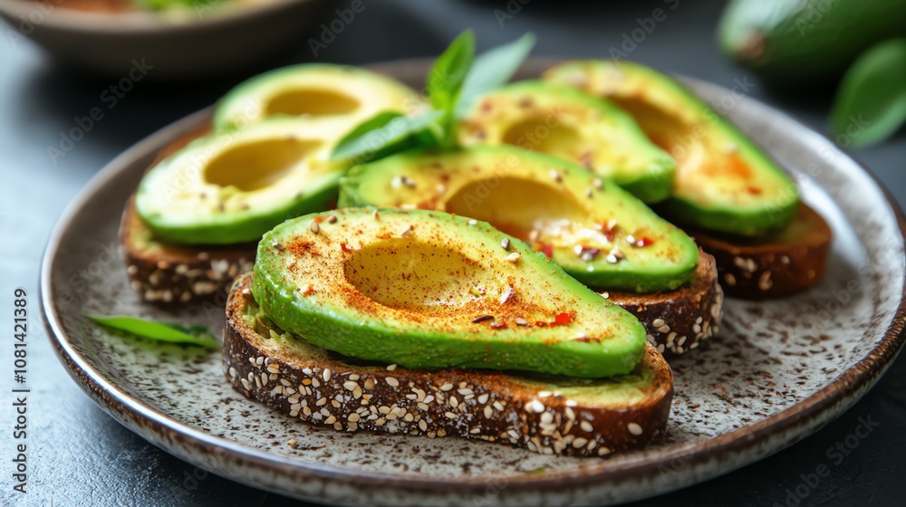 A plate of avocado toast with spices and herbs. A plate of avocado toast with spices and herbs.