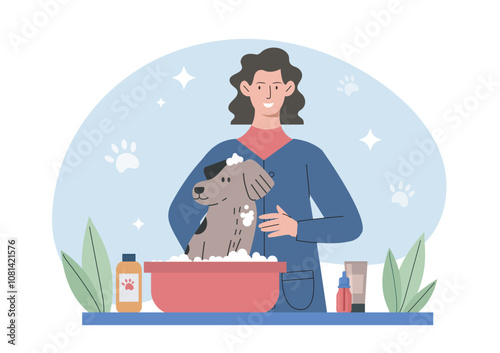 Woman wash dog. Young girl washes puppy in basin with soapy water. Cleanliness and hygiene. Owner takes care of pet. Flat vector illustration isolated on white background