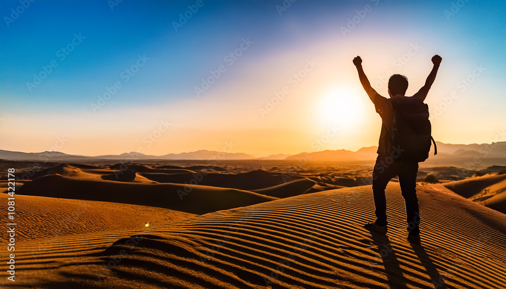 Fototapeta premium Desert, wilderness, hill, hands raised, figure, silhouette, sun, backlight, achievement, rejoice, sunrise, reach