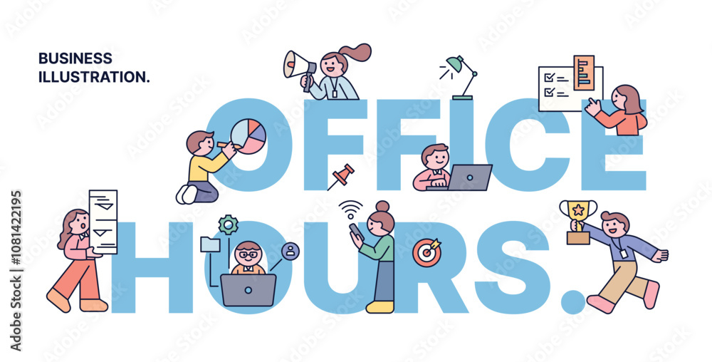 custom made wallpaper toronto digitalOffice hours. Small, cute office workers are working around large letters. Cuttiny character with outline.