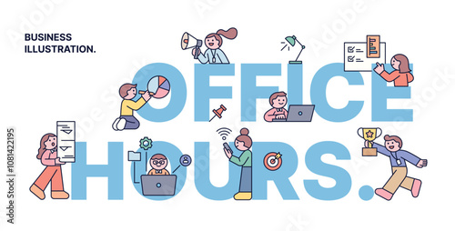Office hours. Small, cute office workers are working around large letters. Cuttiny character with outline.