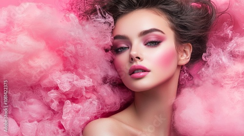 Portrait of a model surrounded by pink cotton-like clouds