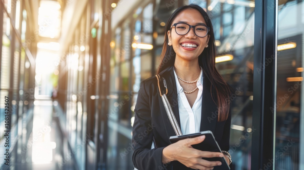 Young Asian businesswoman is happy to work at the modern office using a tablet. Young Asian businesswoman is happy to work at the modern office using a tablet.