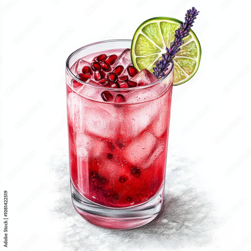 watercolor and pencil drawing of a pomegranate gin fizz cocktail watercolor and pencil drawing of a pomegranate gin fizz cocktail