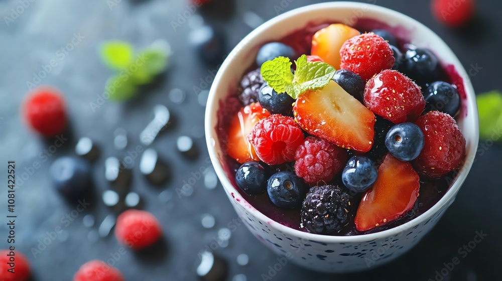 A bowl of açaà with fresh fruit and a sprig of mint. A bowl of açaà with fresh fruit and a sprig of mint.