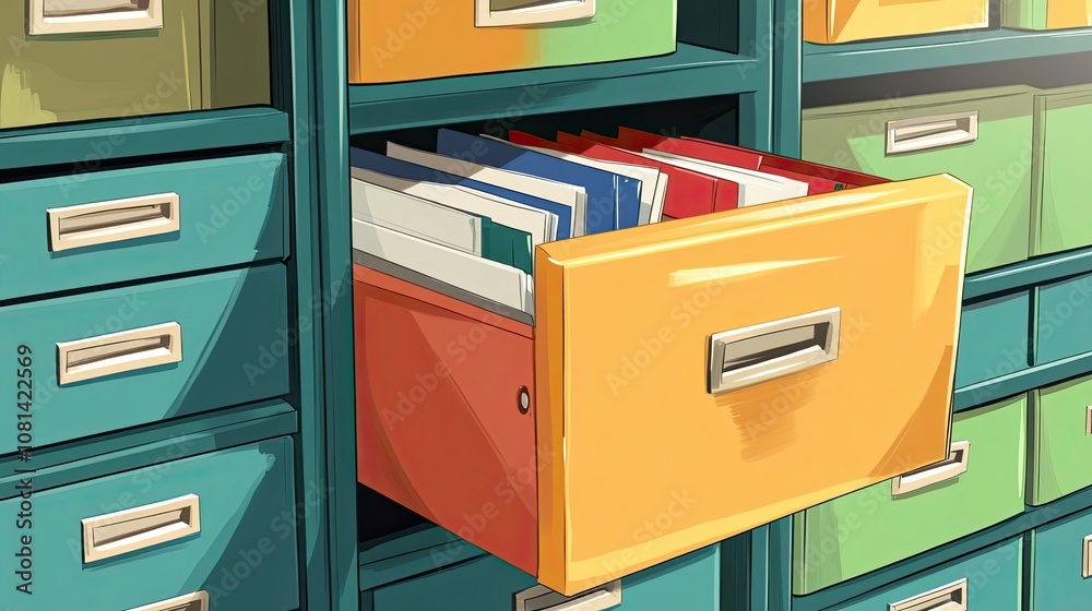 Open File Drawer with Colorful Folders and a Teal Cabinet Open File Drawer with Colorful Folders and a Teal Cabinet