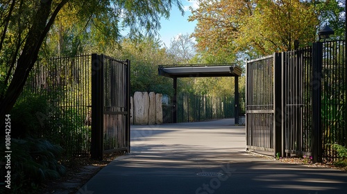 A grand zoo entrance with tall gates, showcasing an inviting and impressive entryway. The gates are adorned with intricate designs, welcoming visitors to explore the wildlife and exhibits within. 