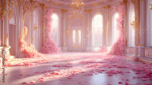 Fototapeta Naklejka Na Ścianę i Meble -  Opulent palace interior bathed in soft pink light cascading rose petals ornate gold fixtures dreamy atmosphere regal ambiance. Regal. Illustration