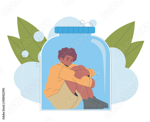 Boy inside jar. Schoolboy sitting in closed space. Overprotection and hypercare. Negative feelings and emotions. Depression and loneliness. Flat vector illustration isolated on white background
