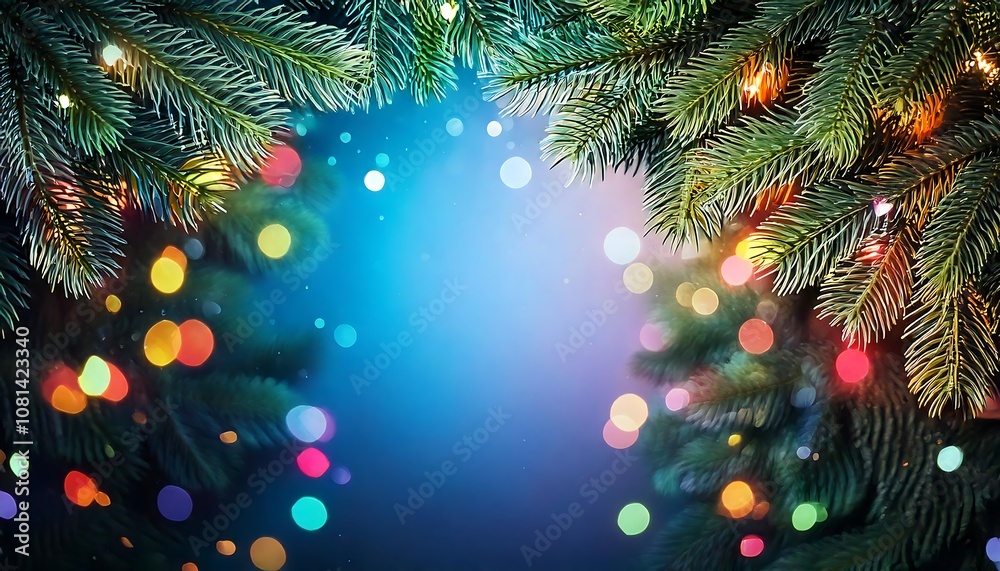 Christmas tree branches background with lights and copy space Christmas tree branches background with lights and copy space