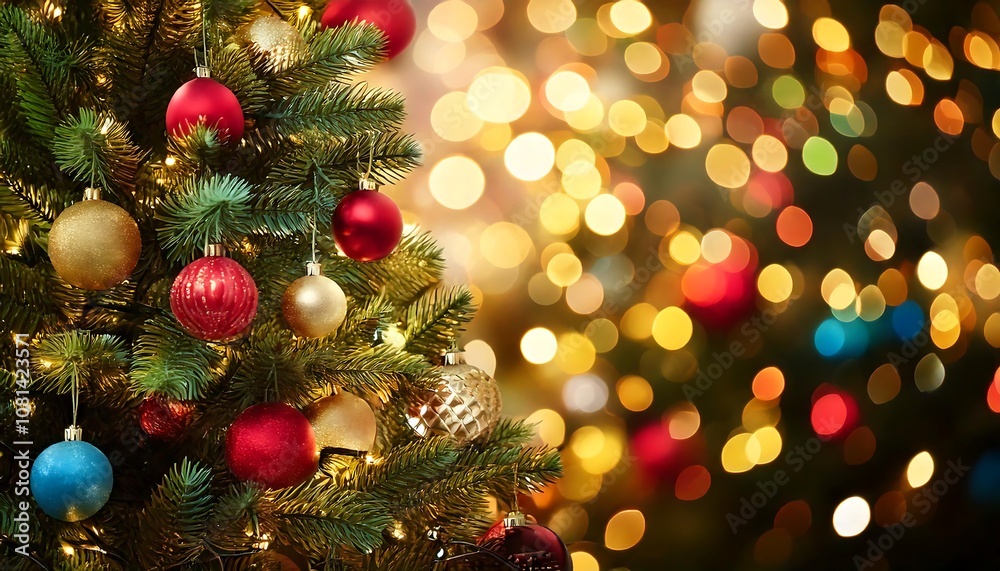 Christmas tree background with baubles and lights blurred bokeh effect Christmas tree background with baubles and lights blurred bokeh effect