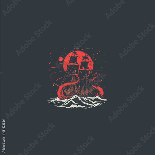 Kraken attacking ship logo design vector vintage