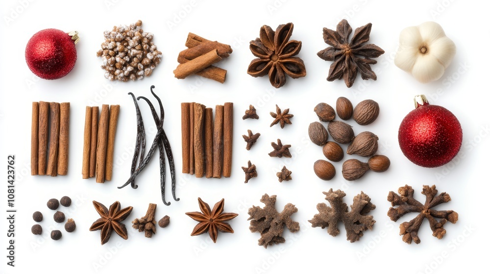Festive Christmas Spice Ingredients for Baking Flat Lay on White Background Festive Christmas Spice Ingredients for Baking Flat Lay on White Background