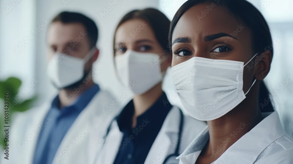 Medical staff wearing masks in a hospital setting, symbolizing dedication and protection in the face of health challenges. Medical staff wearing masks in a hospital setting, symbolizing dedication and protection in the face of health challenges.