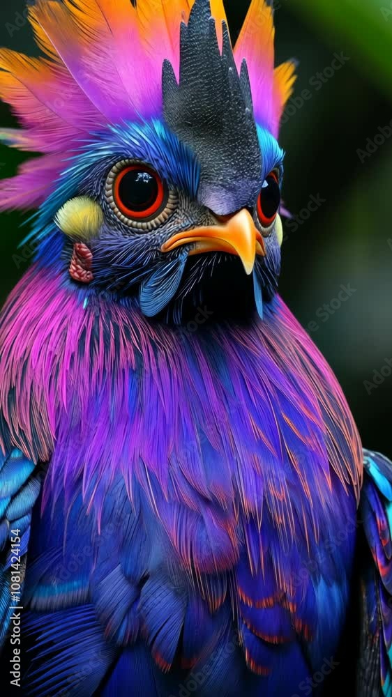 A vibrant bird with iridescent feathers, likely a Victoria crowned pigeon, stares into the camera with large, bright red eyes A vibrant bird with iridescent feathers, likely a Victoria crowned pigeon, stares into the camera with large, bright red eyes