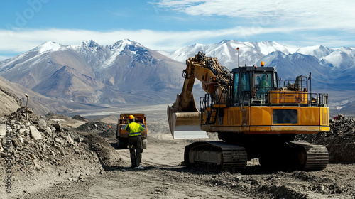 A Construction Worker Stands Near a Large Excavator in a Mountainous Landscape