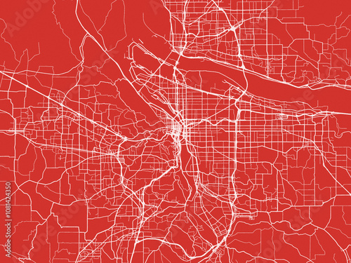 Christmas Map of Portland Oregon, USA in Snowy White on Festive Red Background.
