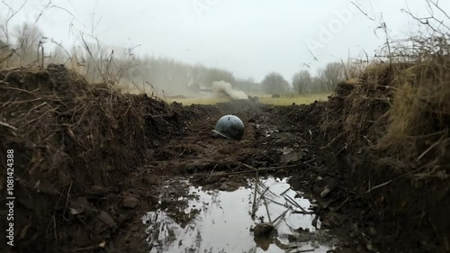 Smoke approaching military helmet in muddy trench