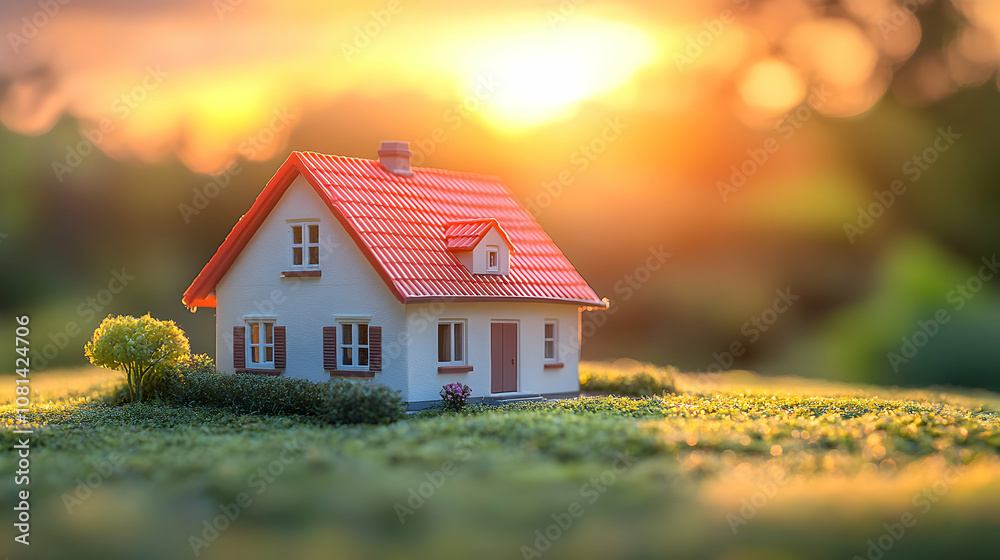 Miniature House Model on Grass at Sunset, Idyllic Home Dream, Peaceful Landscape, Suburban Setting, Warm Golden Hour Light Miniature House Model on Grass at Sunset, Idyllic Home Dream, Peaceful Landscape, Suburban Setting, Warm Golden Hour Light