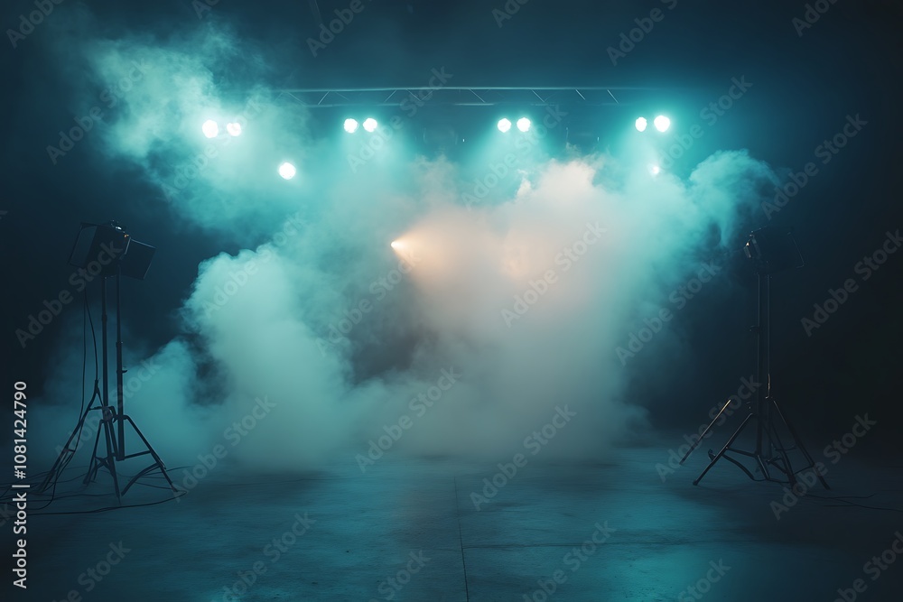 Obraz premium Blue and White Fog Lights with Dramatic Smoke Effect for Concert, Performance, Party or Event