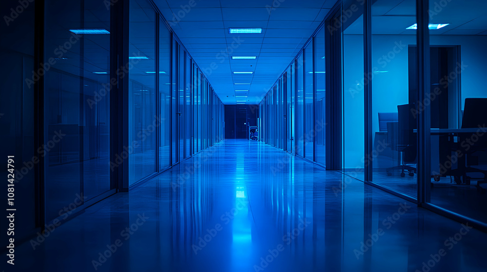Empty Office Corridor at Night, Illuminated by Blue Light, Reflecting on Polished Floor, Modern Glass Walls, Deserted Workspace Empty Office Corridor at Night, Illuminated by Blue Light, Reflecting on Polished Floor, Modern Glass Walls, Deserted Workspace