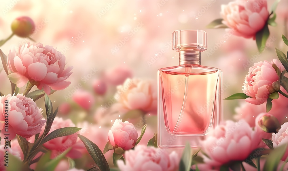 A bottle of light pink perfume stands against a backdrop of pink half-closed peony buds A bottle of light pink perfume stands against a backdrop of pink half-closed peony buds