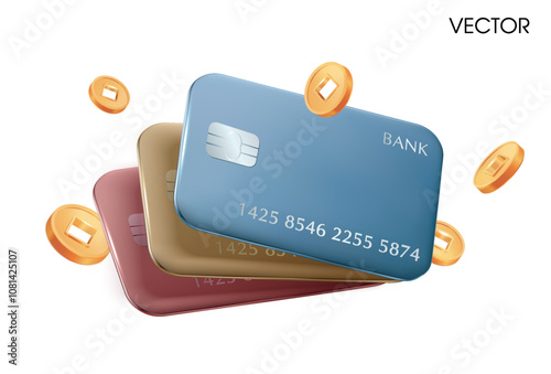 3d stack of premium credit or debit cards in navy and gold color with golden coins flying around, isolated on white background. 3d luxurious credit card vector icon. Vector illustration