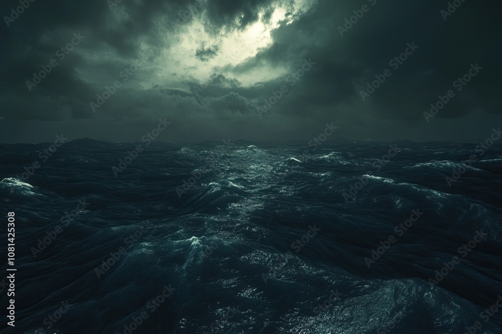 A stormy sea with large waves under a dark and stormy sky A stormy sea with large waves under a dark and stormy sky