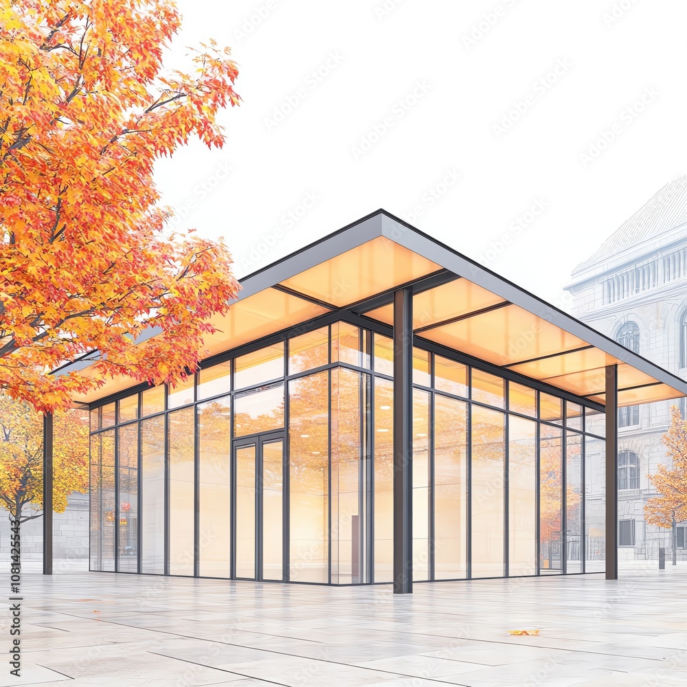 Modern glass building with autumn trees and bright sky, perfect architectural design. Modern glass building with autumn trees and bright sky, perfect architectural design.