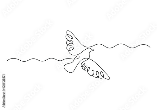 Continuous line drawing of flying up dove Bird symbol of peace and freedom in simple linear vector illustration