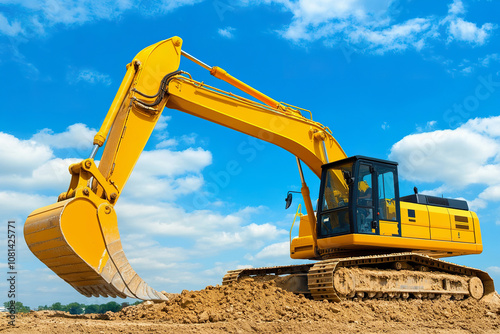 Excavator operator performing earthworks at construction site under clear blue sky