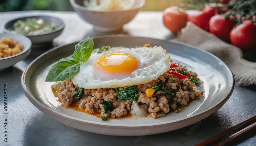 Phat Kaphrao Stir-Fried Minced Pork with Holy Basil and Fried Egg, Served in a Street Food Style Setting with Bold Flavors and a Casual Thai Vibe Phat Kaphrao Stir-Fried Minced Pork with Holy Basil and Fried Egg, Served in a Street Food Style Setting with Bold Flavors and a Casual Thai Vibe