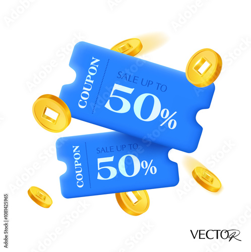 3d minimal coupons with coupon code, percentage price off, golden coins flying around, isolated on white background. Gift voucher with coin banner template for sale off poster. 3d coupon vector