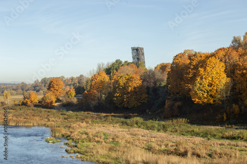  Autumn landscape with the bank of the Venta River in the city of Kuldiga, Latvia. High quality photo