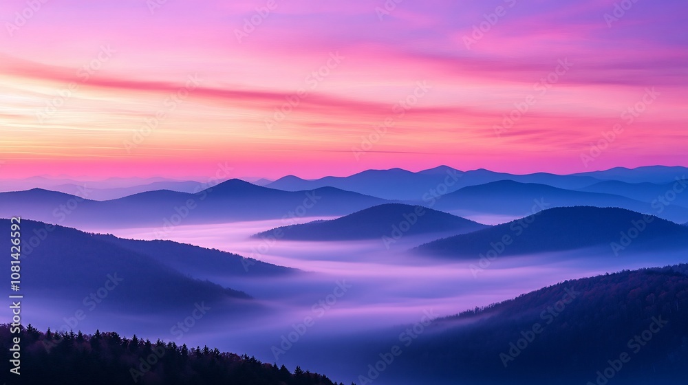 Fototapeta premium A serene and gentle sunrise over the horizon, bathed in soft pastel tones. The image captures a tranquil morning atmosphere with hues of pink, lavender, and light blue blending smoothly in the sky. Th