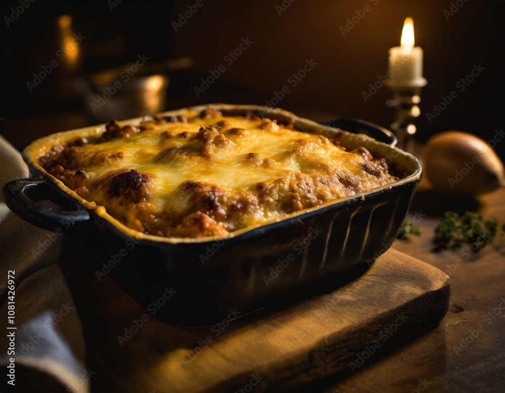Rich and Hearty Meat Casserole Baked to Perfection with Melted Cheese Topping, Captured in a Dark and Moody Kitchen Setup with a Rustic Casserole Dish Rich and Hearty Meat Casserole Baked to Perfection with Melted Cheese Topping, Captured in a Dark and Moody Kitchen Setup with a Rustic Casserole Dish
